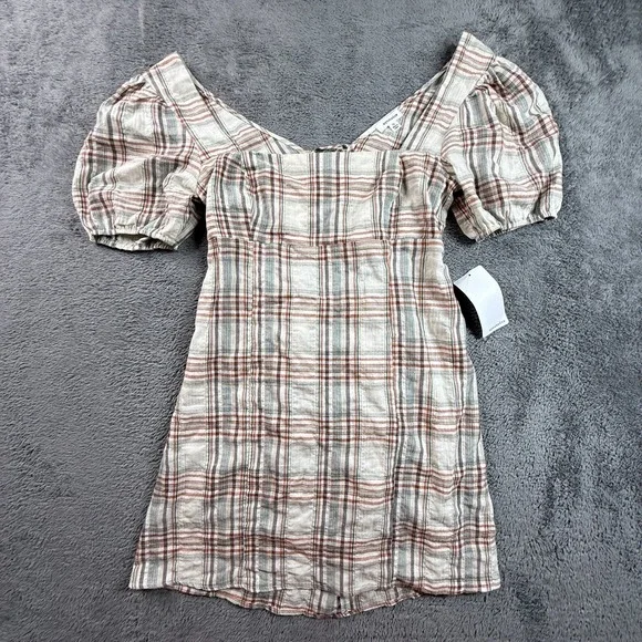 Eyeshadow NEW XL Plaid Mini Dress Puff Sleeve Lace Up Front Cotton CottageCore - Picture 1 of 7
